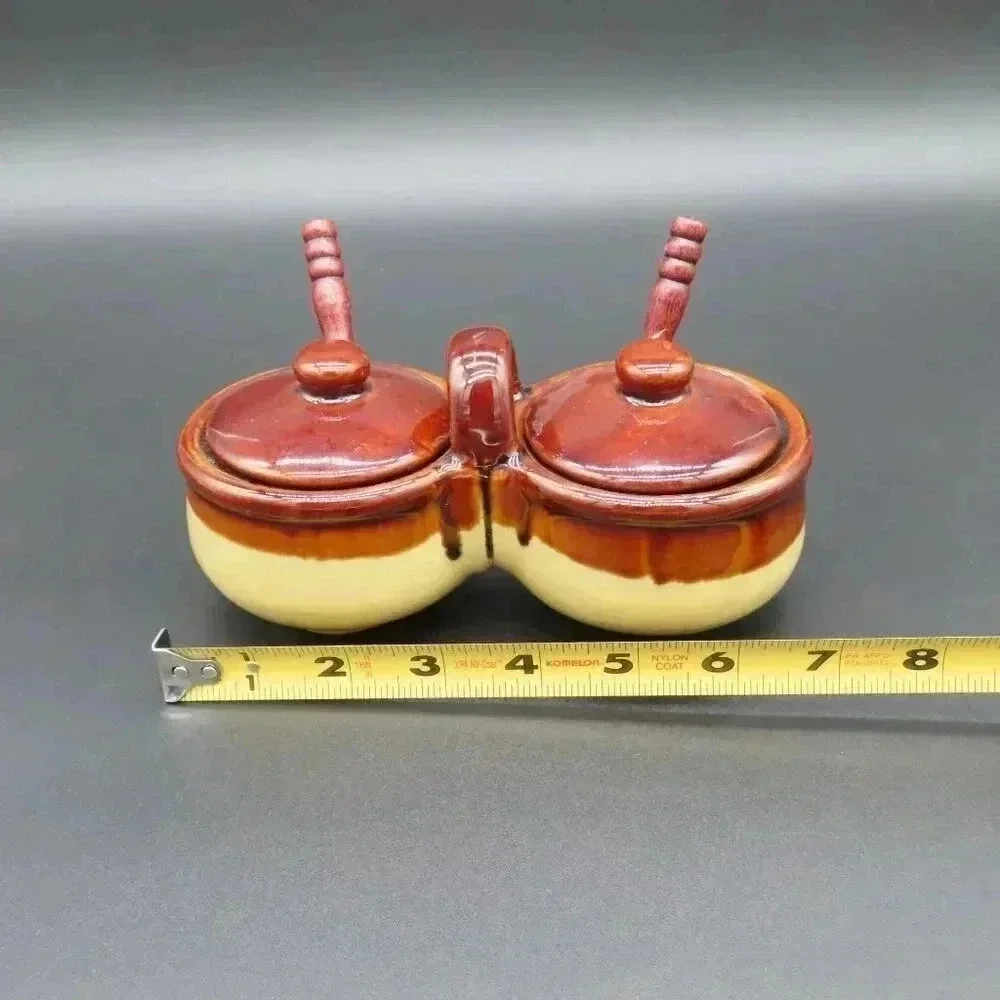 Crock Brown Drip Condiment Caddy Speckled Brown Glaze Vintage Stoneware